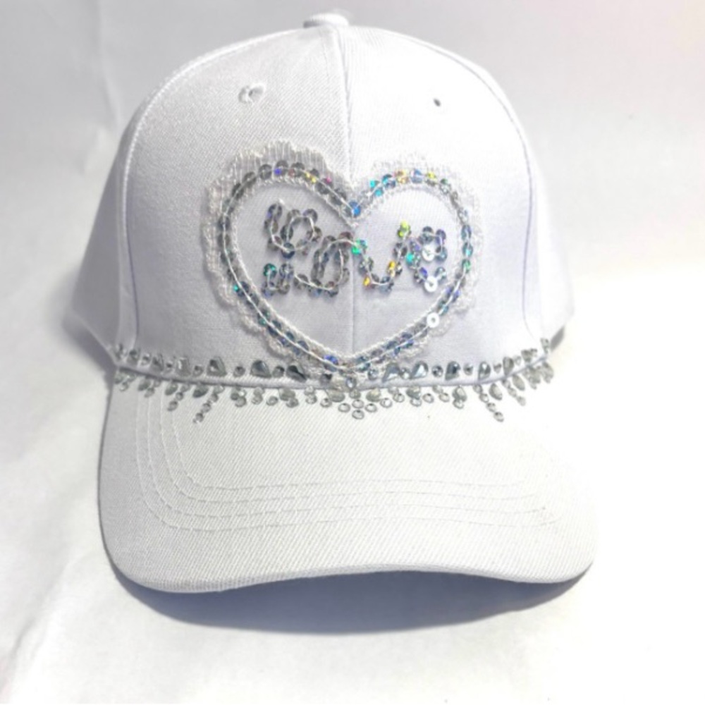 Handmade Rhinestone Shiny Bling Sequined embroidery LOVE accent Baseball Cap Hat